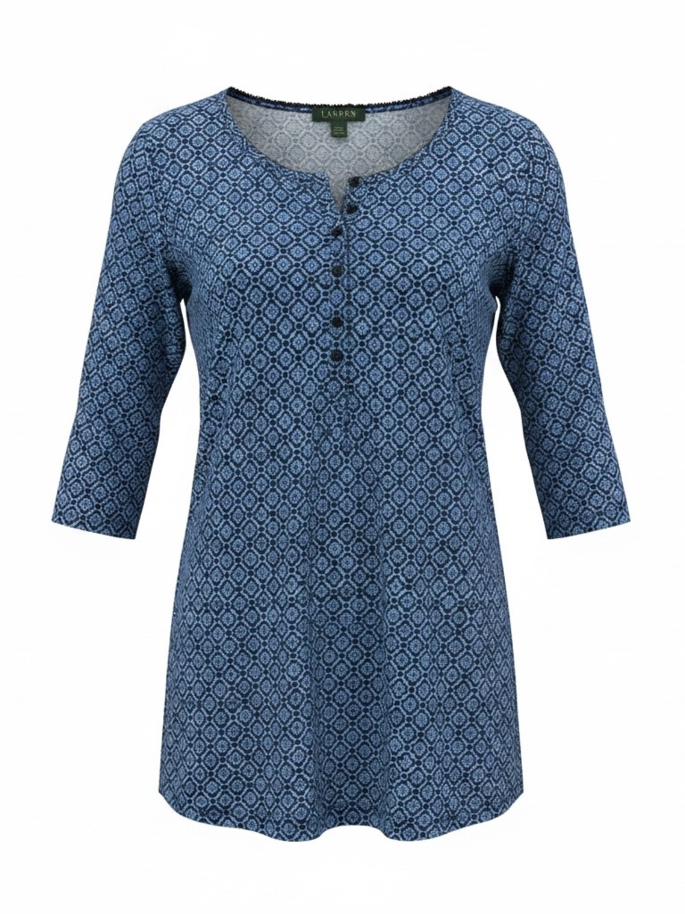Ralph Lauren Blue Geometric Henley Tunic Top 3/4 Sleeve